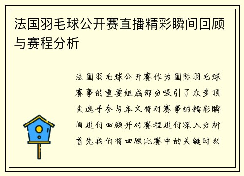 法国羽毛球公开赛直播精彩瞬间回顾与赛程分析