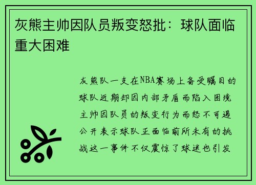 灰熊主帅因队员叛变怒批：球队面临重大困难