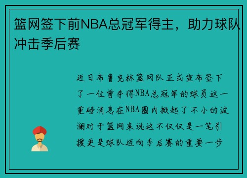 篮网签下前NBA总冠军得主，助力球队冲击季后赛